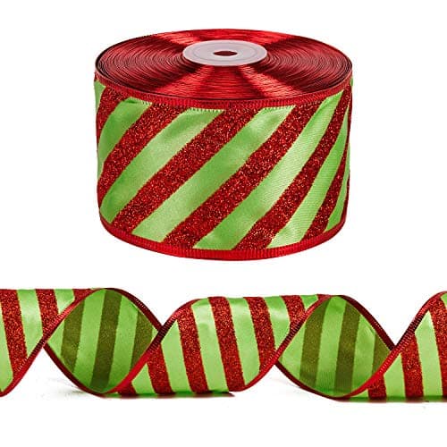 WRAPAHOLIC Christmas Wired Ribbon - 2.5 inch x 25 Yard Each Roll - Green with Red Glitter Stripe Ribbon - Red Wired Edge