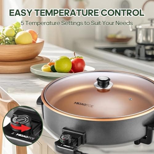 MIOAOTCE 16" Extra Large Electric Skillet with lid, Ceramic Nonstick Coating Electric Frying Pan, 1500W Quick & Even Heating, 5 Adjustable Temperature Control, Tempered Glass Lid & Cool-Touch Handles 5