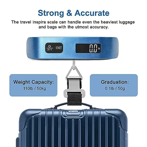 travel inspira Luggage Scale, Portable Digital Hanging Baggage Scale for Travel, Suitcase Weight Scale with Rubber Paint, 110 Pounds, Battery Included - Blue 5