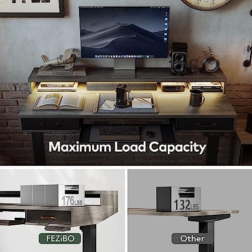 FEZIBO 55 x 25 Inch Height Adjustable Electric Standing Desk with Double Drawers&Keyboard Tray, Stand Up Desk with LED Strips, Sit Stand Desk with Monitor Stand, Rustic Grey 8