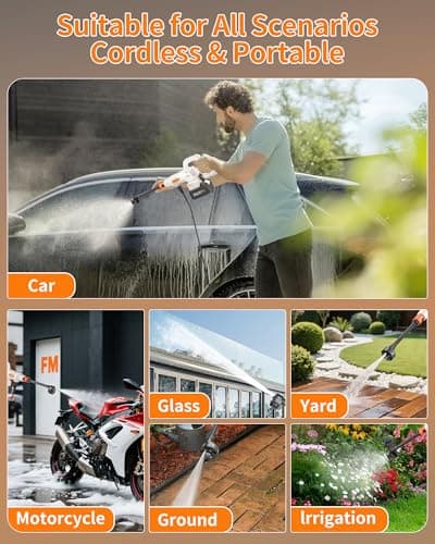 Cordless Pressure Washer; 1200PSI Brushless White Cordless Power Washer with Brushless Motor, 4.0Ah Battery&Charger, 6-in-1 Nozzle, 3 Power Level Touch Screen; powerwasher for Cars/Yard 8