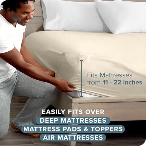Bare Home Queen Fitted Sheet - Extra Deep Pocket Fitted Sheet - Premium 1800 Microfiber - Ultra-Soft Wrinkle Free - Queen Deep Pocket Bottom Sheets (Queen - 11" to 22" Pocket, Sand) 5