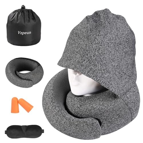 Vzpeun Travel Pillow - Hooded Neck Pillow Airplane, Memory Foam Pillow for Plane, Office, Cars Sleeping, Long Flight Must Haves, Road Trip Essentials Accessories for Adults, Grey