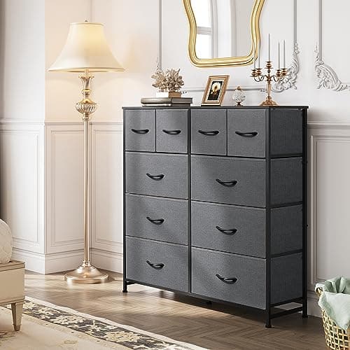 WLIVE Large Dresser for Bedroom, Fabric Dresser with 10 Drawers, Storage Tower with Fabric Bins, Double Dressers, Chest of Drawers for Closet, Living Room, Hallway, Dark Grey 4