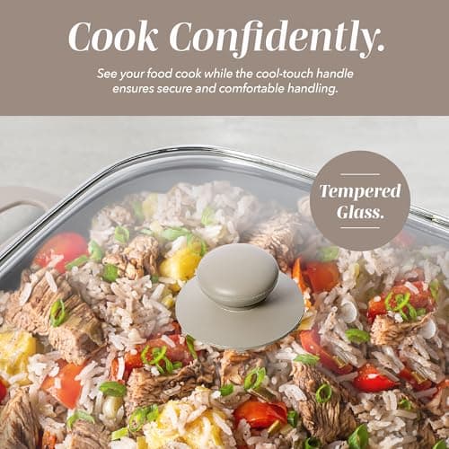 COOK WITH COLOR Electric Skillet - 12" x 12" Ceramic Nonstick Pan, PFAS-Free, 1400W, Tempered Glass Lid, Variable Temperature, Removable Heating Probe, Cool-Touch Handles, Sand 5