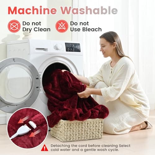 Sunable Heated Electric Blanket - Machine Washable Blanket with Time Settings 10 Heat Settings Queen Size 84×90 inches Burgundy -Velvet 5