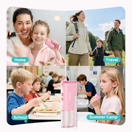 COSLUS T40 Portable Water Flosser for Kids: 4 Gentle Modes for Ages 6+, Braces & Sensitive Teeth - with Fun DIY Stickers, 4 Storable Nozzles, Mini Compact for Home School & Travel, BPA-Free, Pink 8