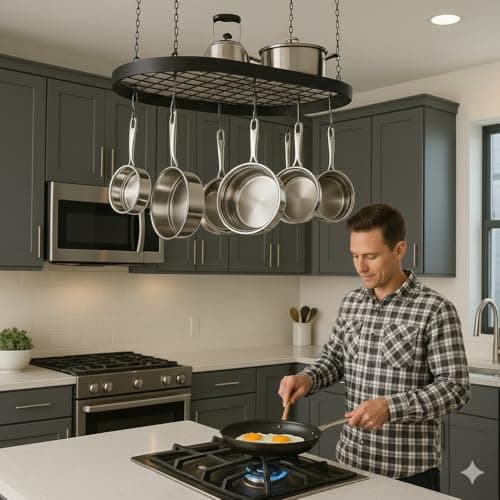 Black Hanging Pot and Pan Rack Organizer Space-Saving Ceiling Mount Cookware Storage Rack 2 Heavy Duty Swag Hangers and 15 S-Hooks; Bonus - 2 Heat Resistant Oven Mitts.Colgador Para ollas Y Sartenes. 5