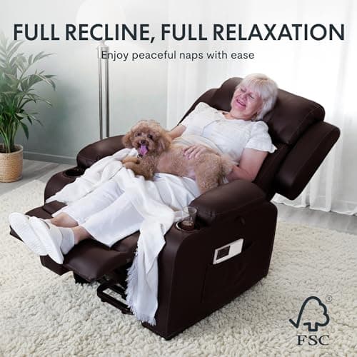FLEXISPOT XL31 Power Lift Recliner Chair for Elderly, Electric Lift Chair with Massage & Heat, PU Leather Reclining Sofa w/Cup Holders for Living Room Bedroom, FSC Certified(Medium Size,Brown) 7