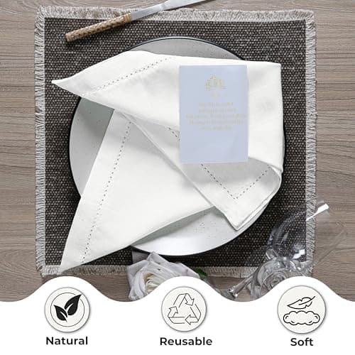 Ramanta Home Decorative Cloth Dinner Napkins Set of 12, 20x20 Inch White Hemstitched Flax Cotton Napkins with Mitered Corners, Oversized Use, Parties, Weddings, Spring, Easter Cloth Napkins 8