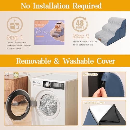 Dog Stairs for Small Dogs, Curved Pet Step with Leakproof Cover, High Density Foam Cat Ramp for Bed or Sofa, 3 Steps Grey 6