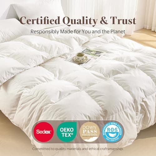 Oaken-Cat Goose Feather Down Fiber Comforter Queen Size - 100% Organic Cotton Shell All Season Duvet Insert, Medium Warmth Hotel Luxury Bedding Comforter(90x90 Inch, White) 5