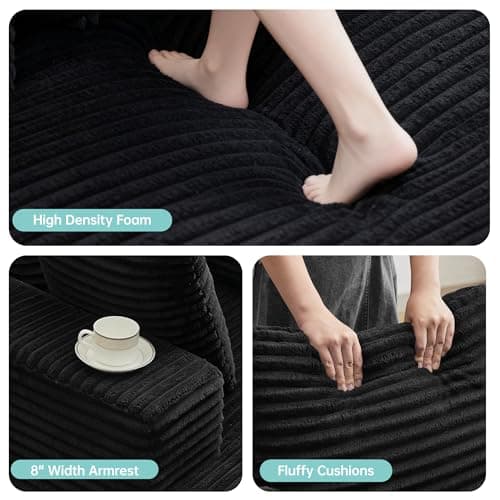 Opiesit 43"W Chaise Lounge Sofa Chair Indoor, Small Boneless Couches for Small Spaces, Fluffy Comfy Cloud Sofa in a Box, Compression Foam Sleeper Sofa for Living Room&Apartment, Plush Corduroy (Black) 5