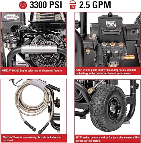 SIMPSON Cleaning PS3228 PowerShot 3300 PSI Gas Pressure Washer, 2.5 GPM, Honda GX200 Engine, Includes Spray Gun and Extension Wand, 5 QC Nozzle Tips, 5/16-inch x 25-foot MorFlex Hose, 49-State 2