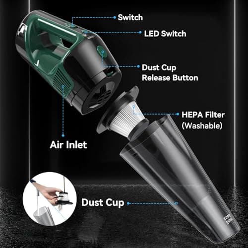 Minthouz Handheld Vacuum Cordless, Strong Suction Car Vacuum Cleaner with LED Light, Long Runtime Hand Vacuum Cordless Rechargeable, Hand Held Vac with Charging Base for Home/Car/Pet/Office 8