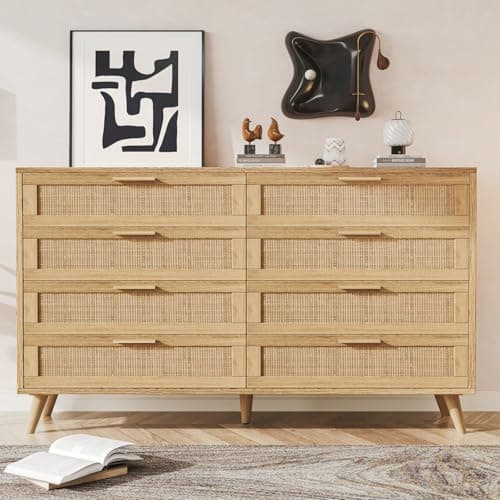 Rovaurx 8 Drawer Double Dresser for Bedroom, Rattan Chest of Dressers, Modern Wooden Dresser Chest with Golden Handles, Beside Table for Closet, Living Room and Entryway, Natural