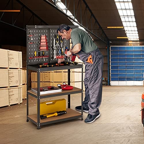 S AFSTAR Work Bench with Pegboard, 32" x 16" Metal Workbench with 2 Lower Shelves & 14 Hanging Accessories, Heavy-Duty Tool Bench for Garage, Workshop & Warehouse 8