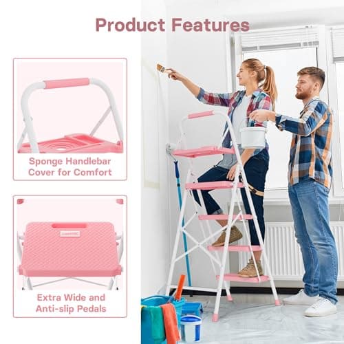 BONTEC 4-Step Ladder, 400lbs Max Load, Folding Step Stool with Tool Tray, Anti-Slip Pedals, Sturdy Steel, Lightweight Portable Ladder with Handrail for Home & Work Use, Pink 5