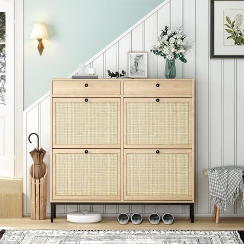 Brafab Freestanding Shoe Cabinet with 4 Flip Drawers, Natural Rattan Shoe Storage Organizer, Slim Shoe Storage for Entryway, Hallway