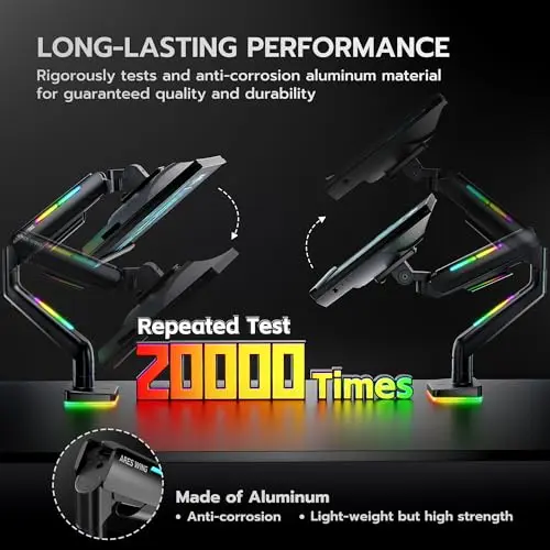 Ultrawide Monitor arm for 17-49'' Heavy Duty Screen up to 44lbs, Gas Spring Single Monitor Arm with RGB Light, Adjustable Gaming Computer Monitor Arm for Desk, Black 4