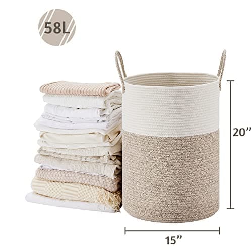 VIPOSCO Large Laundry Hamper, Tall Woven Rope Storage Basket for Blanket, Toys, Dirty Clothes in Living Room, Bathroom, Bedroom - 58L White & Brown 5