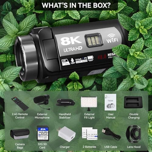 Video Camera, 8K Camcorder 48MP 15FPS UHD WiFi Vlogging Camera with IR Night Vision for YouTube, 3" Touch Screen 18X Digital Zoom, with Fill Light, Mic, Stabilizer, Lens Hood, Remote and 2 Batteries 8
