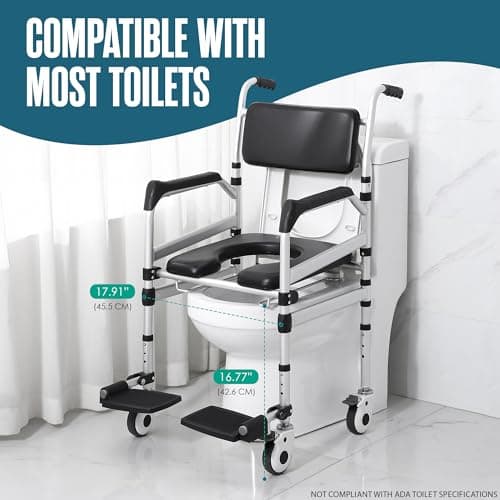 Houseables Shower Chair with Wheels, Shower Wheelchair, Rolling Shower Chair, Shower Commode Wheelchair, Bedside Toilet Chair for Elderly, Handicap Shower Chair with Wheels, Height Adjustable 6