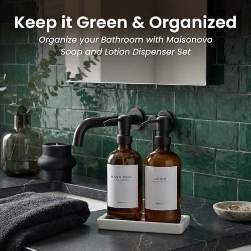 MaisoNovo Soap and Lotion Dispenser Set - Bathroom Soap Dispenser Set with Amber Glass Soap Dispenser, Black Pumps & Concrete Tray 9