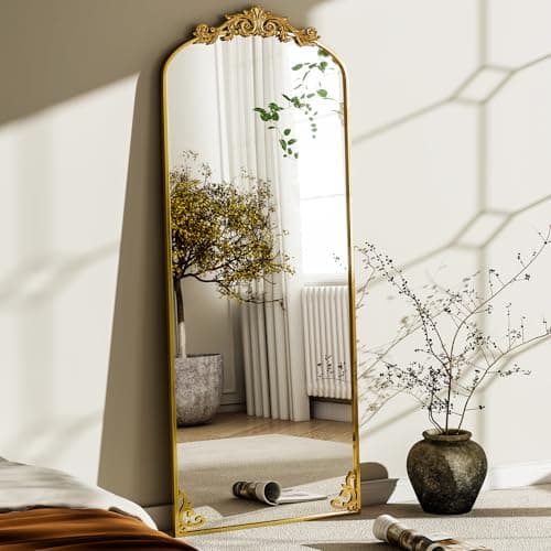 GLSLAND 64"x 21" Vintage Full Length Mirror Large Carved Arched Full Body Mirror with Baroque Metal Frame for Bathroom/Living Room/Entryway,Gold 5