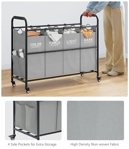 Tajsoon 4 Bag Laundry Sorter Cart, 4 Section Laundry Hamper Sorter with Heavy Duty Lockable Rolling Wheels, Laundry Separator Hamper with Removable Bags for Dirty Clothes Storage, Grey 5