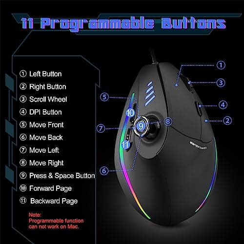 TRELC Gaming Mouse with 5 D Rocker, Ergonomic Mouse with 10000 DPI/11 Programmable Buttons, Vertical Gaming Mice Wired for PC/Laptop/E-Sports/Gamer (Black) 6