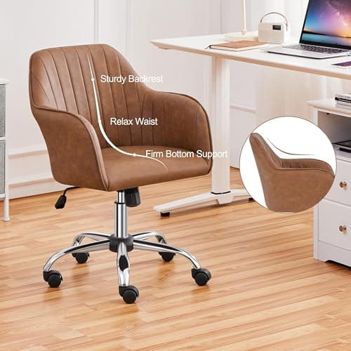 Yaheetech Modern Faux Leather Desk Chair Makeup Chair Height Adjustable Swivel Office Task Computer Armchair for Living Room Retro Brown 6
