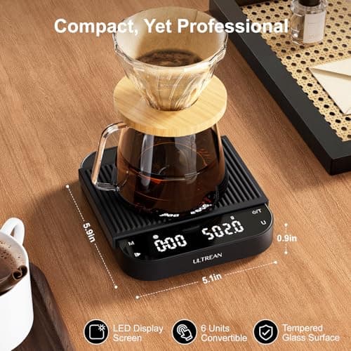 Ultrean 5.9" Coffee Scale, Rechargeable Coffee Scale with Timer, 3kg/0.1g Accuracy for Pour Over and Drip Coffee, Portable Digital Kitchen Scale with Automatic Timing, LCD Display 6