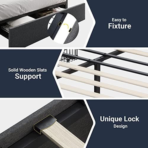 Allewie Full Size Platform Bed Frame with 3 Storage Drawers, Fabric Upholstered, Wooden Slats Support, No Box Spring Needed, Noise Free, Easy Assembly, Dark Grey 5
