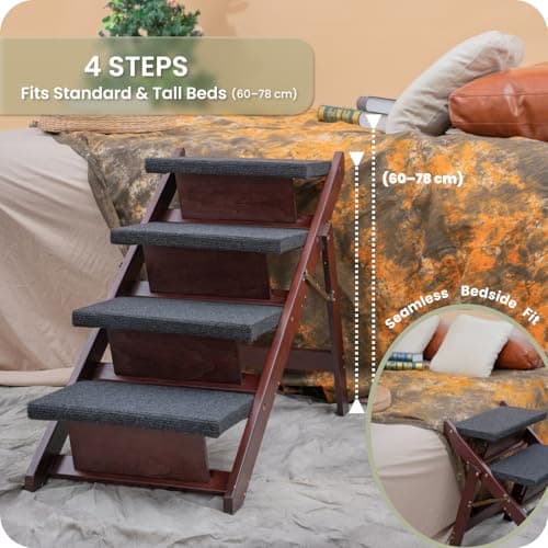 MEWANG Wooden Pet Stairs/Pet Steps - 3-in-1 Foldable Stairs & Ramp for Beds and Cars - Portable Dog/Cat Ladder Up to 220 Pounds - Great for Small and Older Animals(Brown) (24.8" L x 17.2" W x 19.5" H) 5