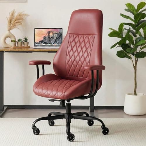E-Motie Office Chair with Rubber Wheels, Ergonomic Computer Chair 500 lbs, Leather Desk Chair with Lumbar Support, Executive Chair Adjustable Height & Recline, Red