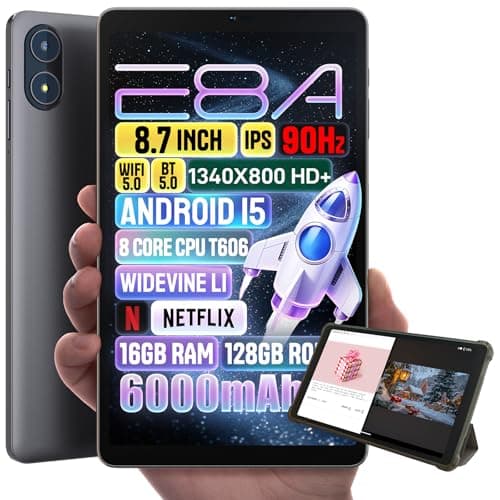 Zuleisy Android 15 Tablet 8.7 inch, Octa Core, 16GB RAM, 128GB ROM, 1TB Expandable, 8.7" HD IPS 1340x800, 5MP+8MP Camera, 5G WiFi+BT5.0+GPS, Type-C, with Headphone Jack, Leather Case Included