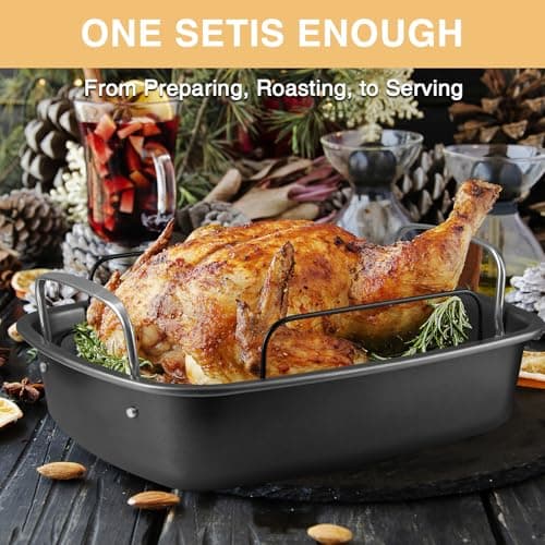 Nonstick Turkey Roasting Pan with Rack - 17×13 Inch Extra Large Roaster Pan, Deep Turkey Tray for Oven, U-Shaped Rack, Wider Handles, Ideal for Ovens, Thanksgiving, and Christmas 7