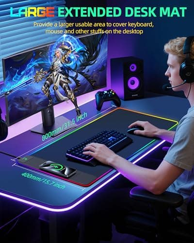 Wireless Charging Mouse Pad, RGB Gaming Desk Mat, 31.5"x15.7" Large XXL Desk Pad, 15 Lighting Modes, Ultra-Smooth Surface, Non-Slip Mouse Mat, Waterproof Computer Keyboard Pad for Desk, Office, Black 8