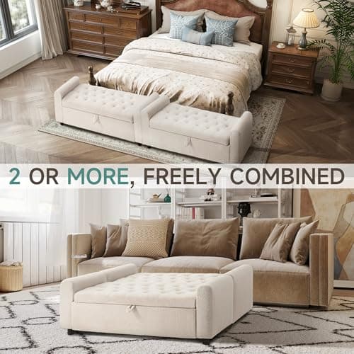 Ottoman with Storage, Tufted Storage Bench for Bedroom, 48" Fabrics End of Bed Bench, Upholstered Entryway Shoe Benches with Rolled Arm & Inner Zipper, Window Ottomans Chest without Rivets, Beige 8