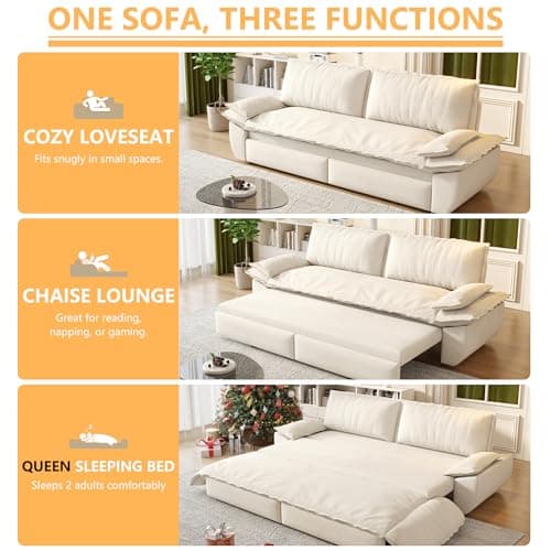 UPYOOE 70.1" Futon Sofa Bed Queen Size, Pull Out Bed, 3-in-1 Convertible Sleeper Sofa with Cushion Armrest, Modern Velvet Futon Couch for Living Room, Small Space, Apartment, Bedroom, Beige 5