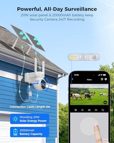 Hiseeu No WiFi Security Camera, [24/7 Recording] 4G Cellular Security Cameras Wireless Outdoor, 20W Solar Cameras 360°PTZ, 2K Night Vision, 2-Way Talk, 20000mAh Battery, 64G SD & SIM Card 9