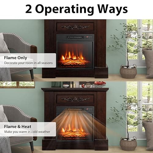 COSTWAY 32-inch Electric Fireplace with Mantel, 1400W Freestanding Fireplace Heater with Remote Control, Thermostat, 6H Timer, Adjustable 3D Flame Effect, Fireplace Mantel for Living Room, Brown 8