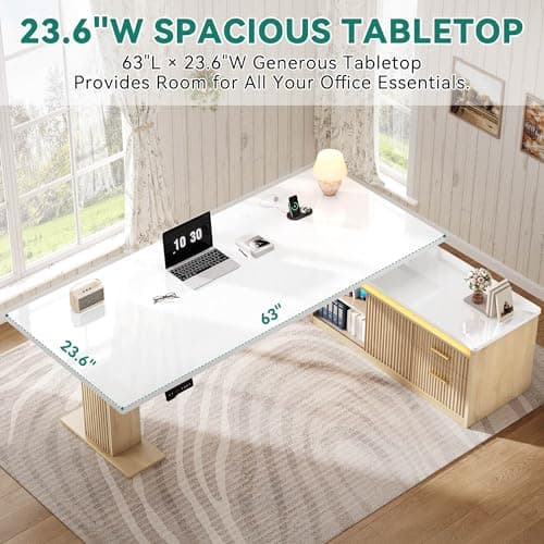 YITAHOME L Shaped Standing Desk with Power Outlets & LED Lights, 63" Electric Standing Desk Adjustable Height Sit Stand Corner Standing Desks with Drawers & Sliding Door, High-Gloss White+Natural Oak 8