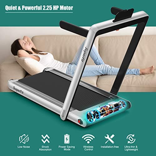 GYMAX Walking Pad, 2.25HP Dual Display Foldable Treadmill for Home with Remote/Smart App Control, Portable Compact Treadmill for Office Under Desk, Folding Running Machine for Small Spaces (Silver) 5
