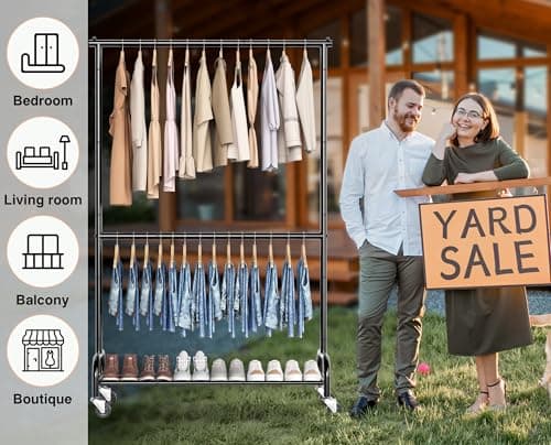 MISSLO Heavy Duty Clothing Racks for Hanging Clothes Rack Double Rod Garment Rack Rolling Closet Wardrobe Rack on Wheels, Metal, Adjustable, Black 7