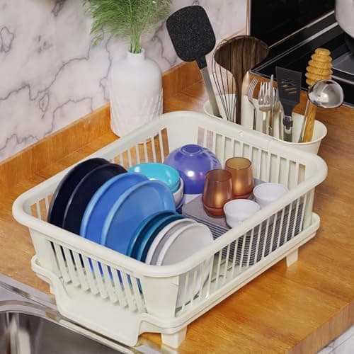 Stanplas 3pc Large Dish Drying Rack, Space Saving Dish Rack for Kitchen Counter, Plastic Dish Rack with Cutlery Holder and Dish Drainer