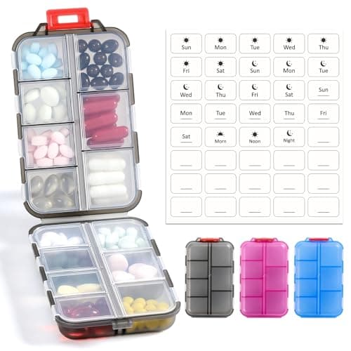 3 Pack 14 GRIDS Travel Pill Organizer Box with Labels - Travel Medicine Case Kit - Pocket Daily Pharmacy Container - Travel Medication Holder Dispenser for Fish Oil Vitamin Supplement Storage - Clear