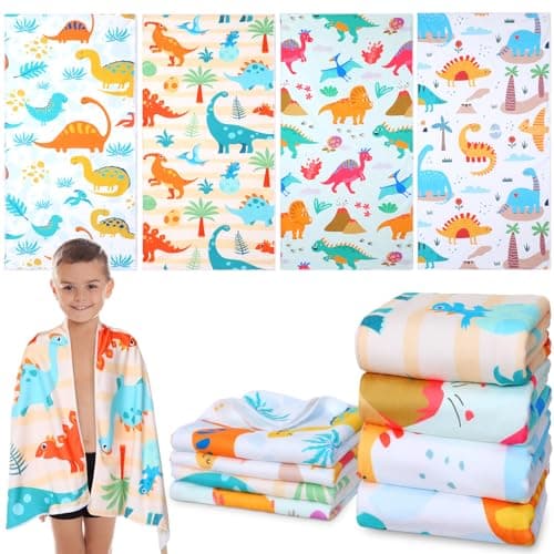 Peryiter 8 Pcs Kids Bathroom Towel Set Long Large Soft Dinosaurs Microfiber Absorbent Shower Towel Include 4 Bath Towels and 4 Hand Towels for Kids Boys Girls Christmas Dino Party Favors Gift