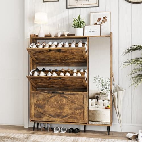 Maupvit Shoe Storage Cabinet with 3 Flip Drawers & Mirror, Freestanding Shoe Organizer with 5 Wooden Legs, Slim Shoe Rack Cabinet with Shelves and Door for Entryway, Hallway, Living Room, Brown
